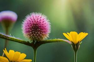 een bloem met een roze hoofd en geel bloemen. ai-gegenereerd foto