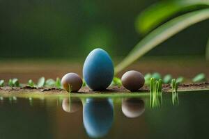 drie eieren zijn zittend Aan de grond in een vijver. ai-gegenereerd foto