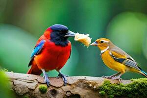 twee kleurrijk vogelstand aan het eten een stuk van voedsel. ai-gegenereerd foto