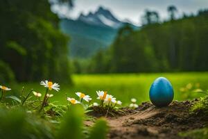 blauw Pasen ei in de midden- van een veld- met madeliefjes. ai-gegenereerd foto