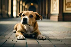 een hond houdende Aan de grond in een gang. ai-gegenereerd foto