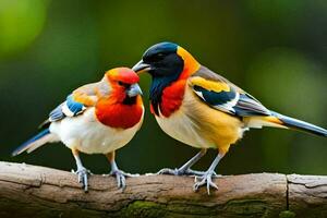 twee kleurrijk vogelstand zittend Aan een Afdeling. ai-gegenereerd foto