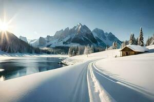 een besneeuwd berg landschap met een cabine en meer. ai-gegenereerd foto