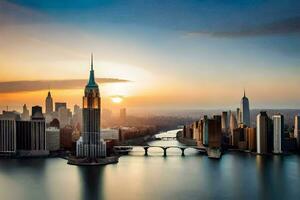 de zon stijgt over- de Manhattan horizon. ai-gegenereerd foto
