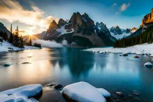 de zon stijgt over- een berg reeks en een meer. ai-gegenereerd foto