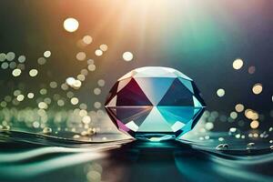 een diamant is zittend Aan top van water met bokeh lichten. ai-gegenereerd foto