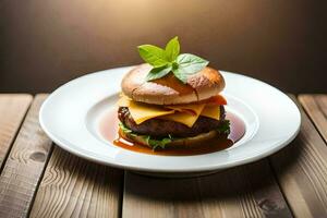 een Hamburger met kaas en saus Aan een wit bord. ai-gegenereerd foto