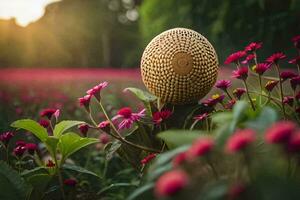 een houten bal zit in een veld- van bloemen. ai-gegenereerd foto