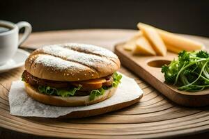 een Hamburger en kaas Aan een houten bord. ai-gegenereerd foto