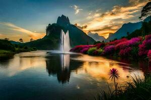een mooi zonsondergang met een fontein in de midden- van een meer. ai-gegenereerd foto