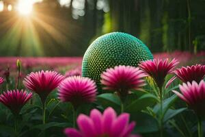 een groen ei is in een veld- van roze bloemen. ai-gegenereerd foto