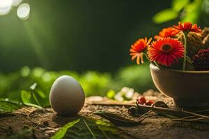 de Pasen ei en bloemen. ai-gegenereerd foto