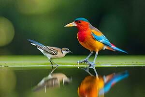 een kleurrijk vogel en een klein vogel staand Aan de water. ai-gegenereerd foto