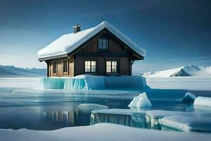 een huis Aan een ijsberg in de midden- van de oceaan. ai-gegenereerd foto