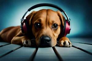 een hond vervelend hoofdtelefoons Aan een houten vloer. ai-gegenereerd foto