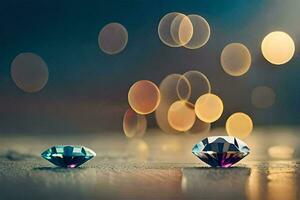 twee diamanten Aan een tafel met bokeh lichten. ai-gegenereerd foto