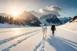 een persoon wandelen met een hert in de sneeuw. ai-gegenereerd foto