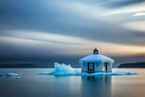 een klein huis Aan een ijsberg in de midden- van de oceaan. ai-gegenereerd foto