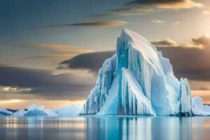 een ijsberg drijft in de water met een zon instelling achter het. ai-gegenereerd foto