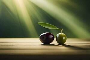 twee olijven Aan een houten tafel met zonlicht schijnend door. ai-gegenereerd foto