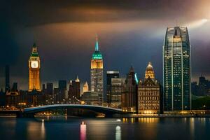 de stad horizon van nieuw york Bij nacht. ai-gegenereerd foto
