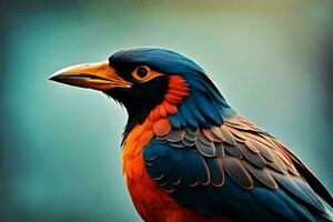 een kleurrijk vogel met oranje en blauw veren. ai-gegenereerd foto