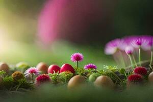 Pasen eieren en bloemen in de gras. ai-gegenereerd foto