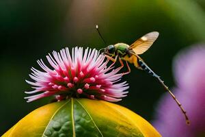 een groen en geel insect Aan een roze bloem. ai-gegenereerd foto