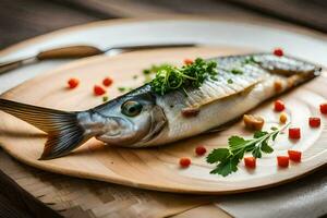 een vis Aan een houten bord met kruiden. ai-gegenereerd foto