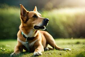 een hond zittend in de gras met een zon in de achtergrond. ai-gegenereerd foto