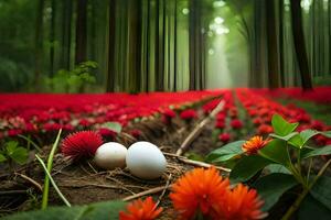 twee eieren zijn zittend in de midden- van een veld- van bloemen. ai-gegenereerd foto