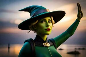 een vrouw in een groen heks kostuum met een hoed. ai-gegenereerd foto