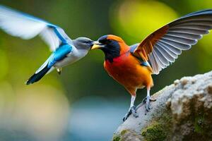 twee kleurrijk vogelstand zijn vliegend samen. ai-gegenereerd foto