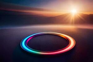 een ring van licht Aan een strand Bij zonsondergang. ai-gegenereerd foto
