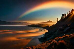een regenboog schijnt over- de oceaan en bergen. ai-gegenereerd foto