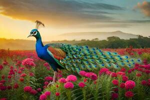 de mooi Pauw in de veld- van bloemen. ai-gegenereerd foto