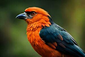 een kleurrijk vogel met zwart en oranje veren. ai-gegenereerd foto