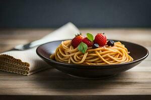 spaghetti met vers bessen en basilicum Aan een houten tafel. ai-gegenereerd foto