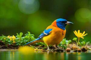 de vogel is staand Aan de water en op zoek Bij de bloemen. ai-gegenereerd foto