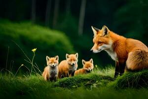 een vos familie met twee welpen in de gras. ai-gegenereerd foto