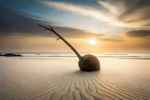 een kokosnoot Aan de strand Bij zonsondergang. ai-gegenereerd foto