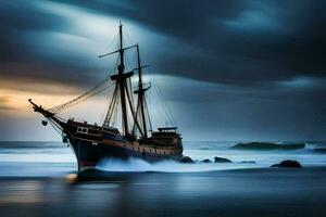 een schip in de oceaan Bij zonsondergang. ai-gegenereerd foto