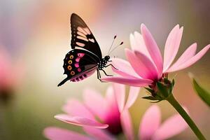 een vlinder is zittend Aan een roze bloem. ai-gegenereerd foto