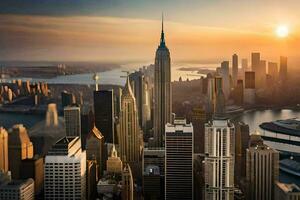 de zon stijgt over- nieuw york stad horizon. ai-gegenereerd foto