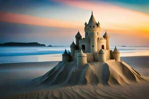 een zand kasteel Aan de strand Bij zonsondergang. ai-gegenereerd foto