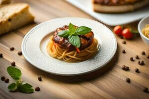 spaghetti met vlees en groenten Aan een bord. ai-gegenereerd foto