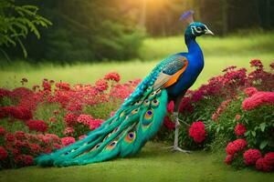 de Pauw is een mooi vogel dat is vaak gezien in tuinen en velden. ai-gegenereerd foto