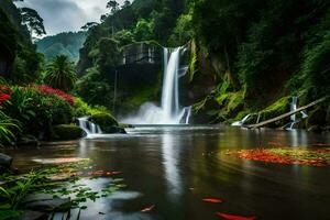 een waterval in de midden- van een weelderig groen Woud. ai-gegenereerd foto