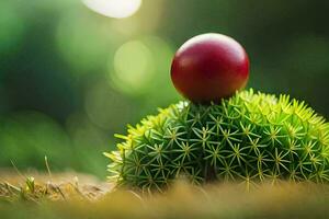 een rood bal zit Aan top van een cactus. ai-gegenereerd foto