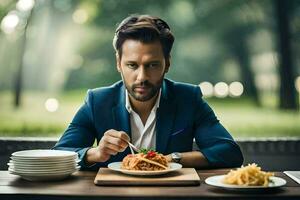 een Mens in een pak aan het eten pasta en spaghetti. ai-gegenereerd foto